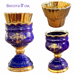 Керамическая лампада с деколью и стаканом синяя.