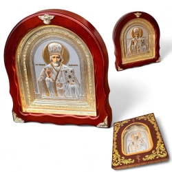 Икона Святой Николай в киоте из дерева фреза арка темн.