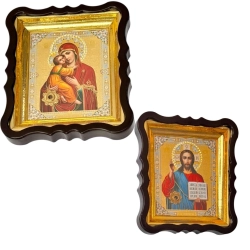 Вінчальна пара Володимирська БМ і Спас в кіоті з пластику і капсулою ладана 24х21 см.