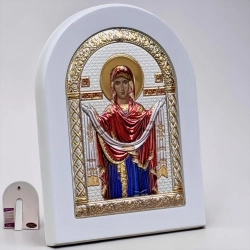 Ікона Покрова Богородиця ємаль в білому дереві позолота посріблення 105х140мм.