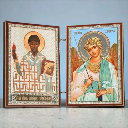 Святий Спиридон Триміфунтський і Ангел Хранитель складень 6х9х2 см. дерево