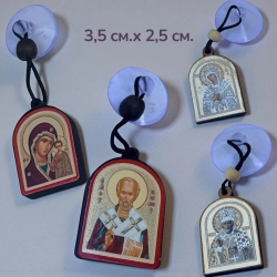Подвеска в автомобиль из дерева на присоске Богоридица и Св. Николай 2 вида 