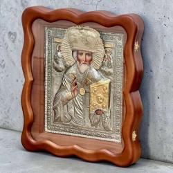 Ікона Святий Миколай риза, сріблення, позолота,  кіот вільха 42х37 см.