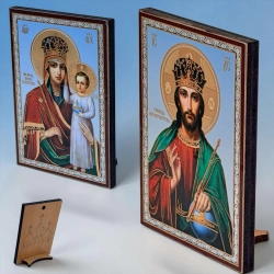 Пары икон Спаситель и Богородица в ассортименте  3 вида. Оргалит на подставке  6х9 см.