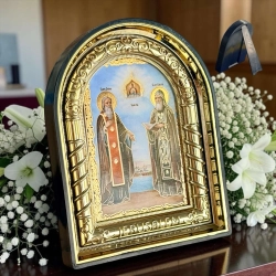 Икона Св. прп. Зосима и Саватий в рамке из пласт. 11.5х9 см.