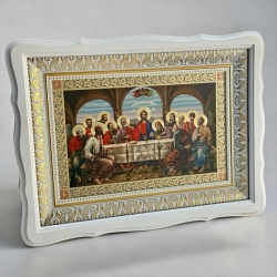 Икона Тайная Вечеря (Византия) 31х41 см. в белом киоте из дерева .