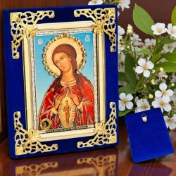 Богородица Помошница в родах икона в бархате 9х12 см. с украшениями