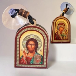 Икона Богородица и Спаситель Византия дерево 5х3 см. на присоске.