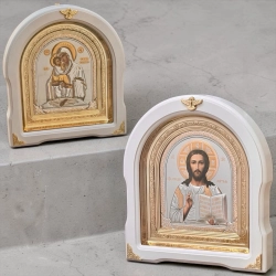 Вінчальна пара Почаївська Богородиця і Спаситель кіот арка дерево 25х28 см.