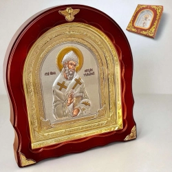 Ікона Святий Спиридон Триміфунтський в кіоті з дерева фреза арка  28х25 см.темна