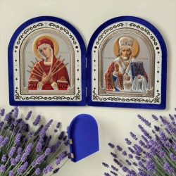 Богородиця Семистрільна і Святий Миколай складень оксамит арка скло 22х18 см. 