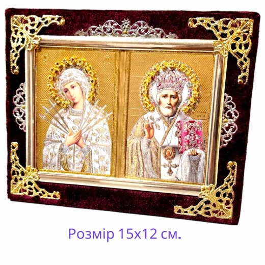 Икона Семистрельная и Святой Николай в бархате с украшениями.