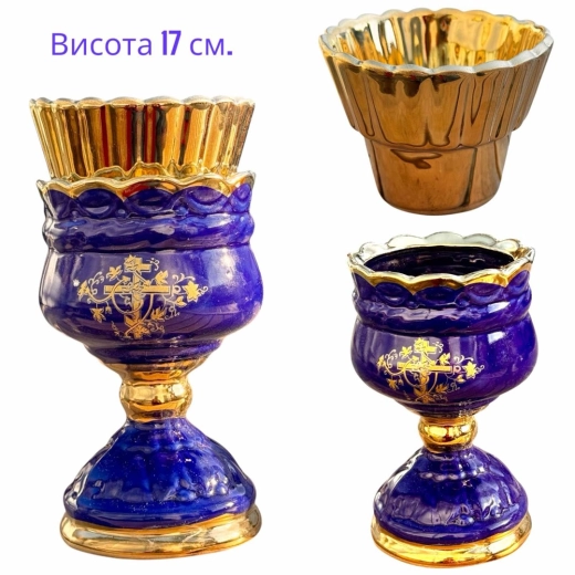 Керамическая лампада с деколью и стаканом синяя.
