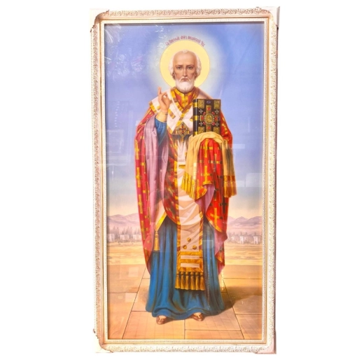 Икона Святой Николай в белой рамке из багета (без стекла) 58х108 см.