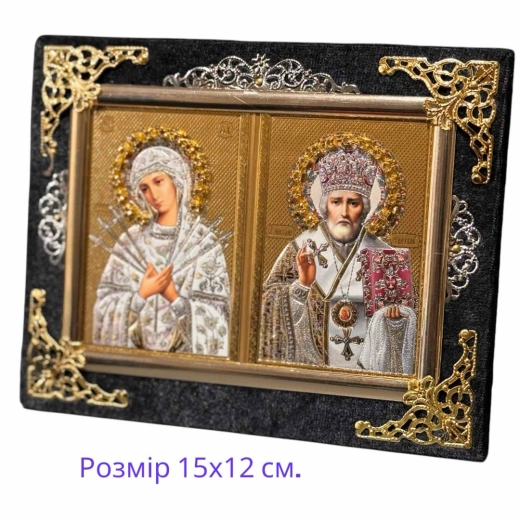 Икона Семистрельная и Святой Николай в бархате с украшениями.