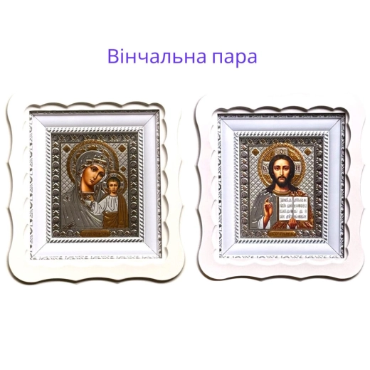 Венчальна пара у білому кіоті із дерева вставка багет 20х18 см. літографія