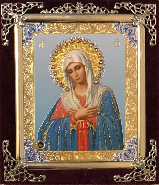 Икона в ассортименте с частицей ладана, бархат с украшениями.