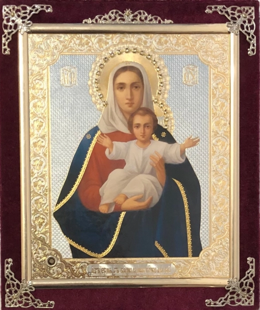 Икона в ассортименте с частицей ладана, бархат с украшениями.