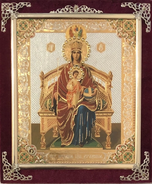 Икона в ассортименте с частицей ладана, бархат с украшениями.