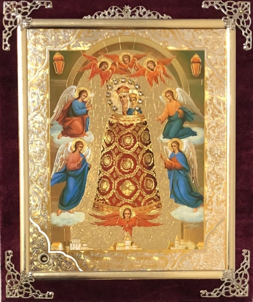 Икона в ассортименте с частицей ладана, бархат с украшениями.