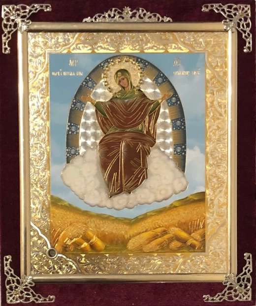 Икона в ассортименте с частицей ладана, бархат с украшениями.