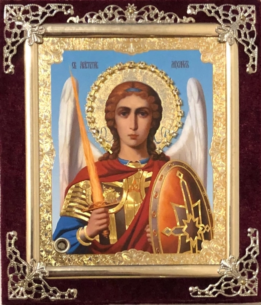 Икона в ассортименте с частицей ладана, бархат с украшениями.
