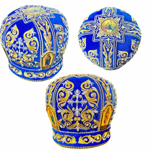 Митра вышитая украшенна камнями 58р. синий бархат.