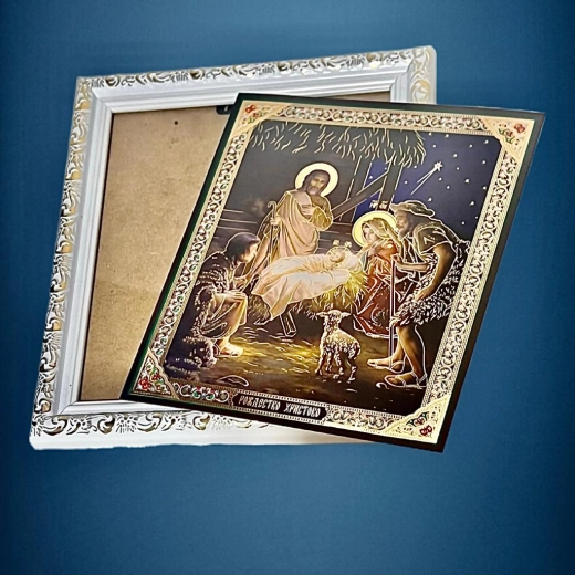 Икона Рождество Христово в багетной рамке литография 18х21 см.