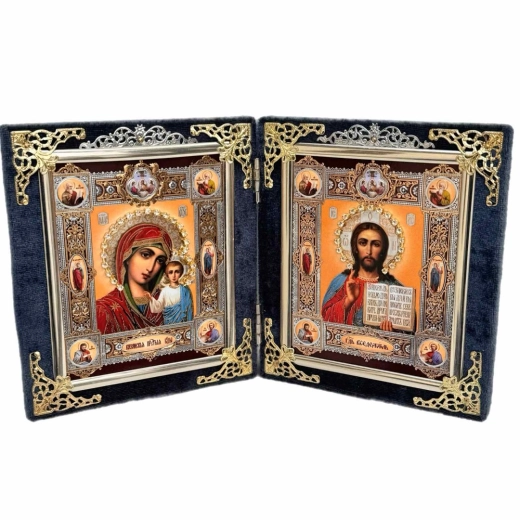Складень бархат малый 14х15 см. литоргафия с камнями. 3 цвета в ассортименте