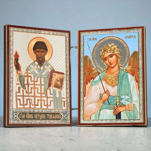 Святий Спиридон Триміфунтський і Ангел Хранитель складень 6х9х2 см. дерево