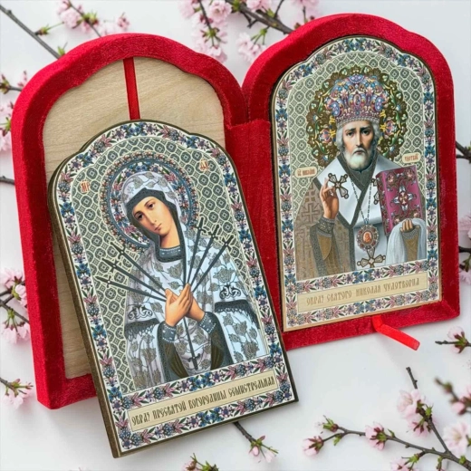Складень оксамит Богородиця Семистрільна і Спаситель  17х20 см. 2 кольори в асорт.