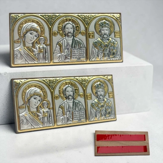 Ікона трійник в авто посрібленна, золочена 3,4х7,7 см.