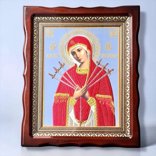 Икона Богородицы Семистрельная вышитая в деревянном киоте 30х36 см.