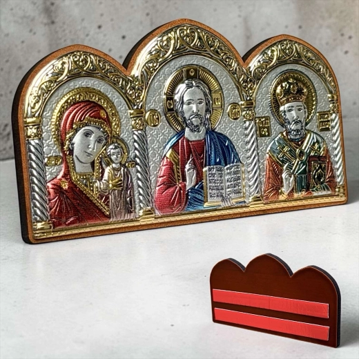 Икона тройник позолота, посеребрение, эмаль 55х11,6 см.