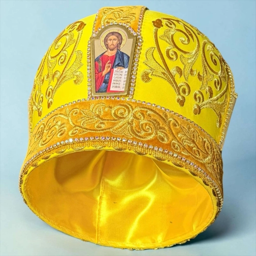 Митра жовтий оксамит + парча, вишита та прикрашена камінням 57 розмір