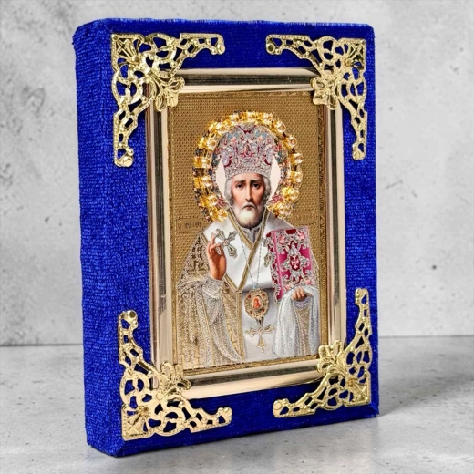 Святий Миколай ікона в бархаті з камінням і уголками декор 12х10 см.