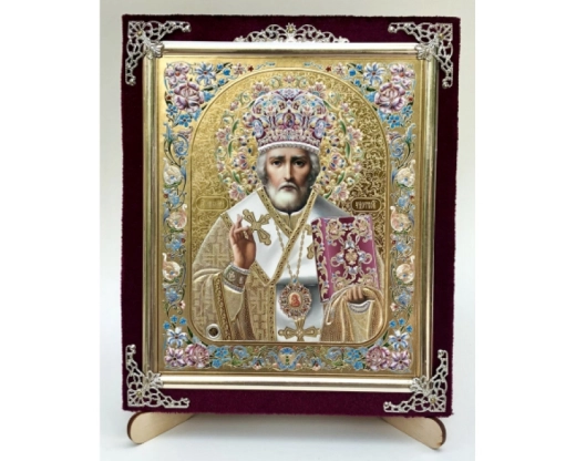 Икона в ассортименте с частицей ладана, бархат с украшениями.